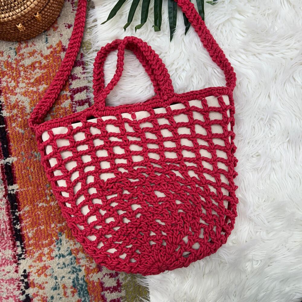NEW Madewell Woven Crochet Macrame Boho The Crocheted Shoulder Bag in Poppy Red - Picture 3 of 8